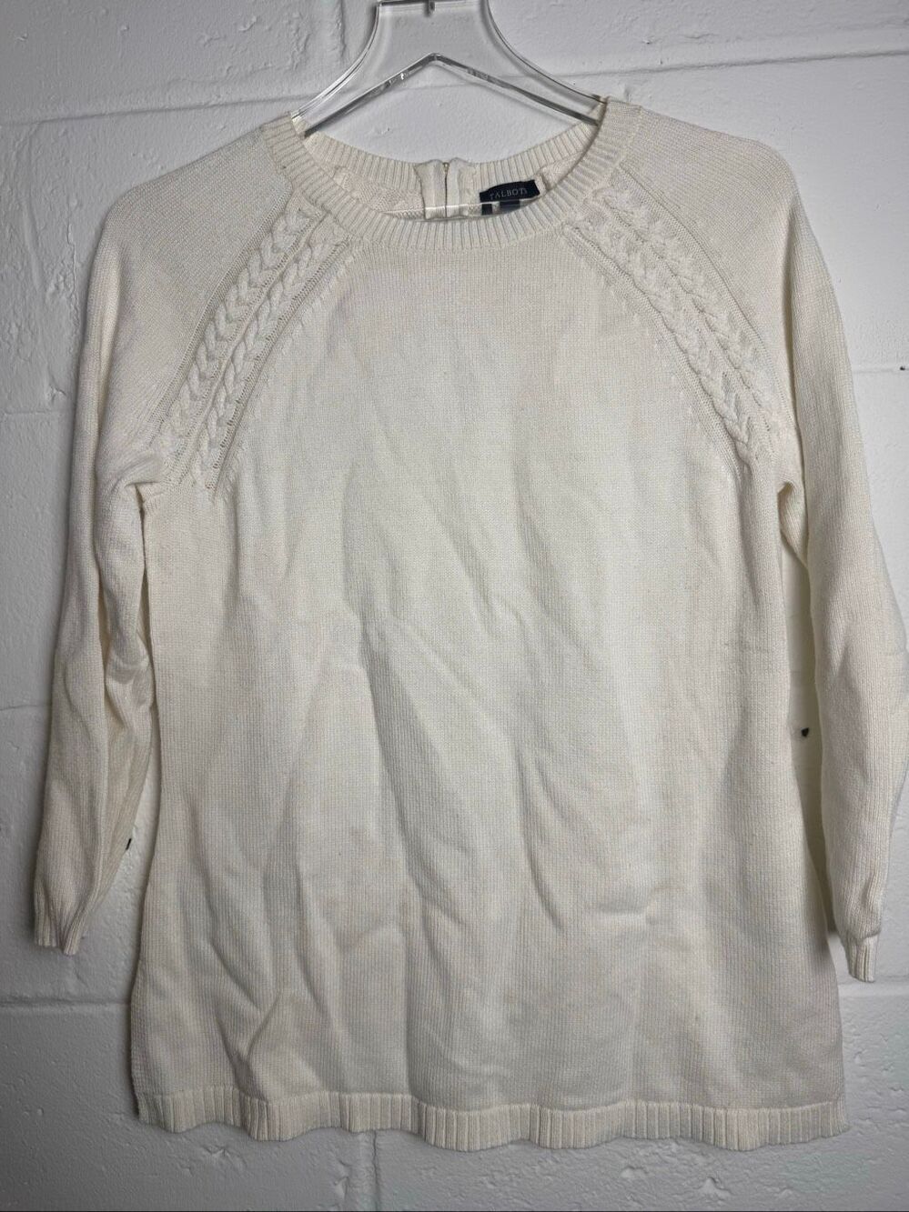 Talbots Cable Knit Raglan Sweater Small Ivory Cream 3/4 Sleeve Back Zip Classic